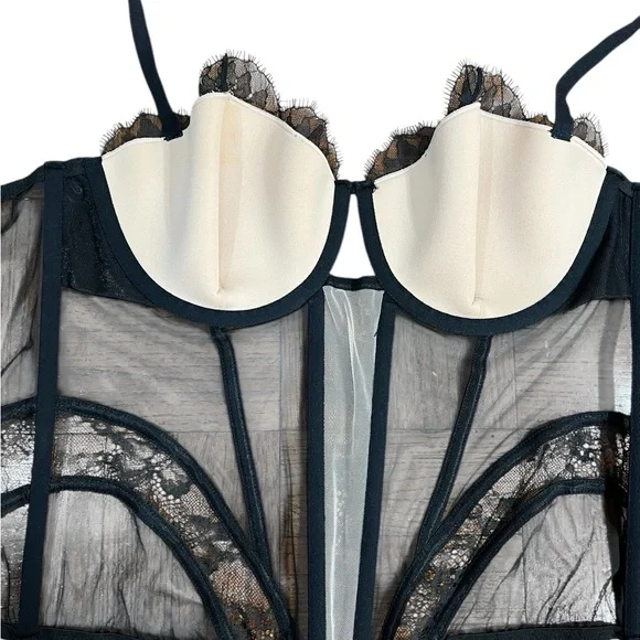 Victoria's Secret Lined Mesh CorsetTop 38D Black Cream Women